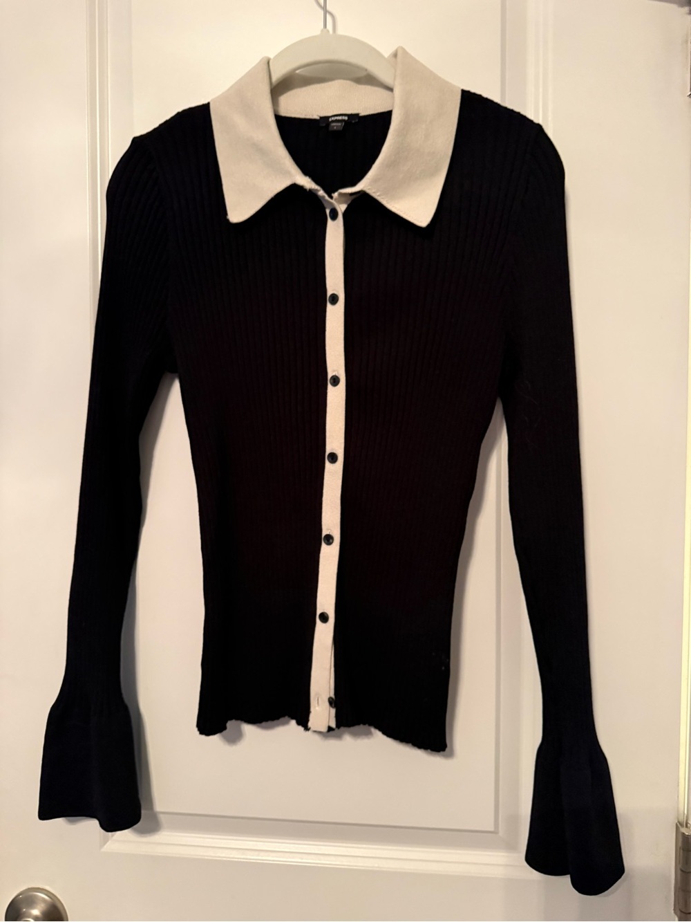 Express Black Knit Button-Down Top with Cream Collar